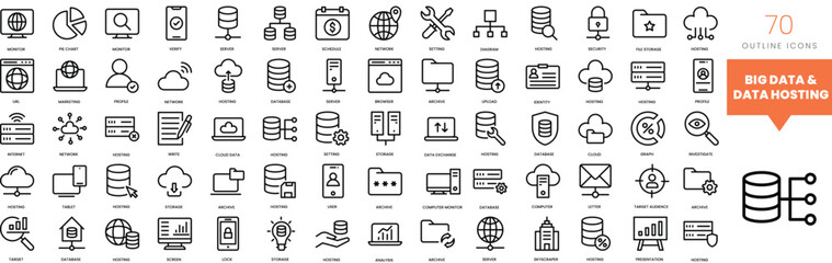 Set of minimalist linear big data and data hosting icons. Vector illustration