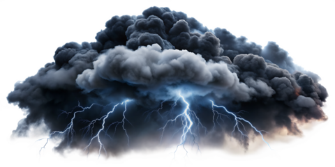 Black smoke storm clouds with fire and lightnings isolated on white background. AI GENERATED