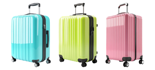 Travel luggage set in different colors isolated on transparent background
