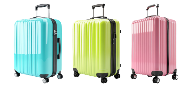 Travel luggage set in different colors isolated on transparent background