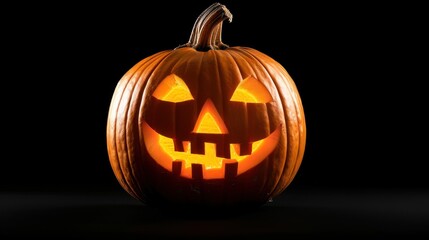 Fototapeta premium A happy-faced pumpkin, lit up from inside.