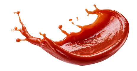 floating mid-air splash of tomato ketchup or sauce isolated transparent background, with droplets scattered dynamic fluidity flavor food freshness, culinary artistry. cut out, PNG.