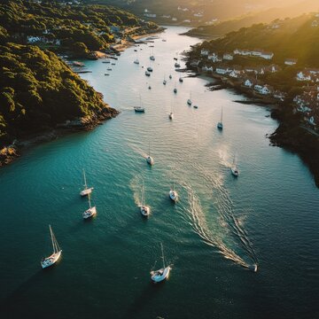 Aerial shot of Salcombe Harbour, with Snapes Point and white boats creating a picturesque scene in the tranquil waters of Kingsbridge Estuary, England