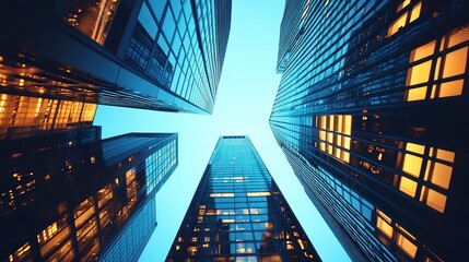A stunning view of skyscrapers from below, showcasing glass facades and a vibrant blue sky with hints of orange light.