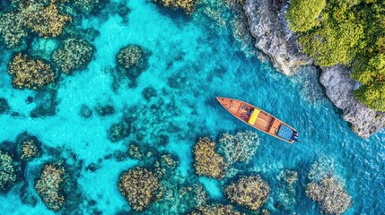 Aerial view of a boat floating over clear turquoise waters with a vibrant reef below, in Eastern Fiji.
