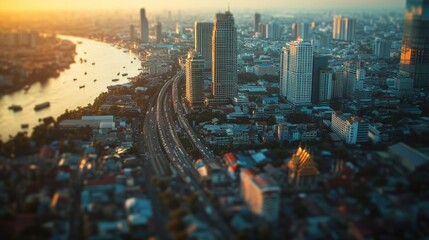 Fototapeta premium Aerial view of a bustling cityscape in Thailand, with a mix of modern skyscrapers and traditional buildings.