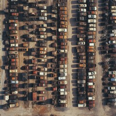 Aerial view of a sprawling scrap yard filled with rows of old cars at Fremantle Port, Perth, the landscape dotted with rusty metal