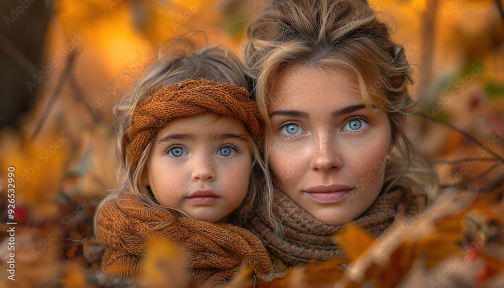 Wall mural A portrait of young mother with a small daughter in autumn nature at sunset. 