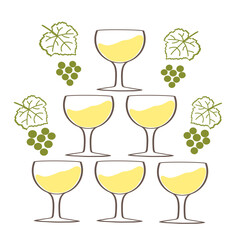 A pyramid of elegant glasses filled with white wine surrounded by grapevines and fresh grapes on a white background