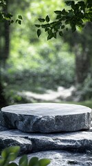 Obraz premium 3D Illustration of a Grey Rock Podium on a Rock Platform, Designed as a Product Display Stand with a Blurred Green Forest and Natural Scenery in the Background.