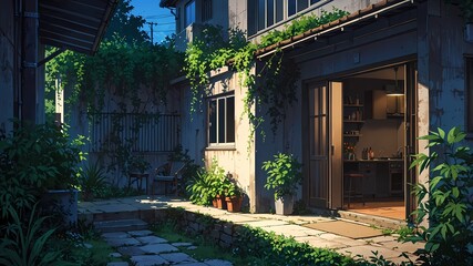 Quiet House with Lush Greenery in Lofi Anime Style