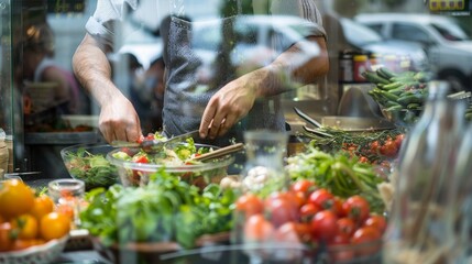 Obraz premium A chef prepares fresh ingredients in a bustling kitchen, showcasing vibrant vegetables in a lively cooking atmosphere.