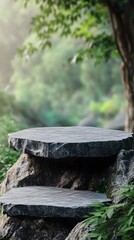 Obraz premium 3D Illustration of a Grey Rock Podium on a Rock Platform, Designed as a Product Display Stand with a Blurred Green Forest and Natural Scenery in the Background.