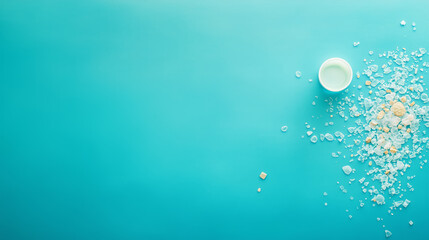 Small pieces of shattered plastic scattered on light blue background, emphasizing plastic pollution