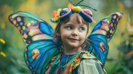 A kid dressed as a butterfly, with wings and antennae.