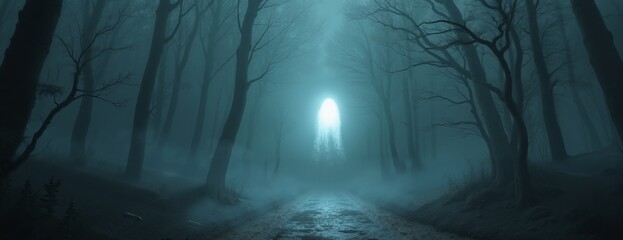 Ghostly apparition with eerie glow floating through misty forest at night