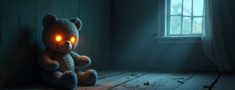Eerie Teddy Bear with Glowing Eyes Sitting Alone in Dark Room