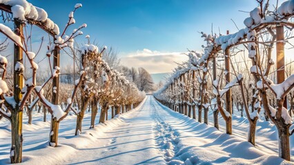 Snow-covered grapevines in a winter vineyard, winter, vineyard, snow, frozen, cold, wintry, frost, ice, grapevines