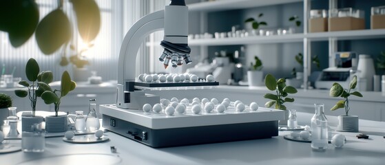 Advanced robotics in a modern laboratory setup with plants and glassware, showcasing technology and innovation in research.