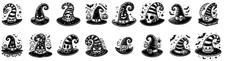 large collection of halloween witch hat illustrations in black and white vector graphics