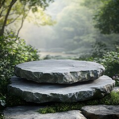 3D Illustration of a Grey Rock Podium on a Rock Platform, Designed as a Product Display Stand with a Blurred Green Forest and Natural Scenery in the Background.