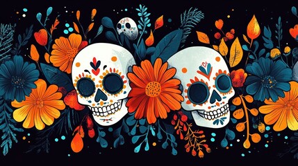 Colorful Día de los Muertos sugar skulls and flowers on dark background - Mexican tradition - festive imagery - cultural celebration