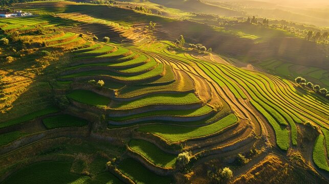 Aerial view of vibrant Cha fields with intricate terraces and patterns, stretching across the landscape in Maia, Portugal.