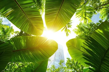Fototapeta premium Bright sun shines through lush green leaves, creating a vibrant and serene atmosphere in a tropical environment.