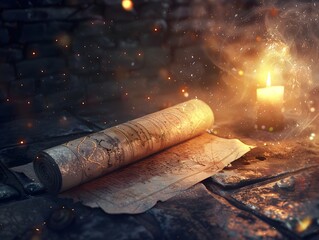 Ancient prophecy on an old scroll surrounded by magical