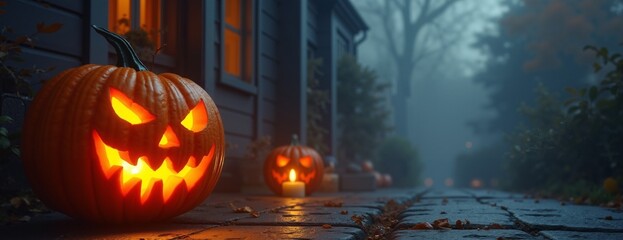 Spooky Jack-o'-lanterns glowing eerily on a misty autumn night