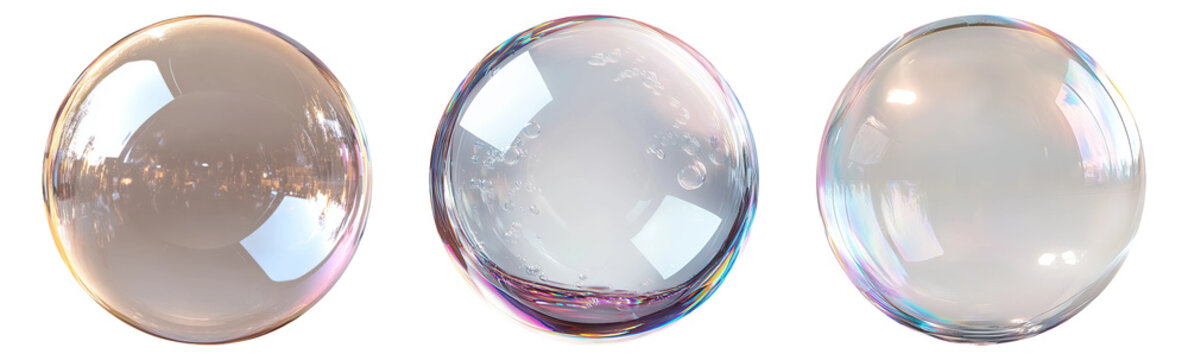 Beautiful iridescent bubble set isolated on transparent background with light reflection and glossy finish