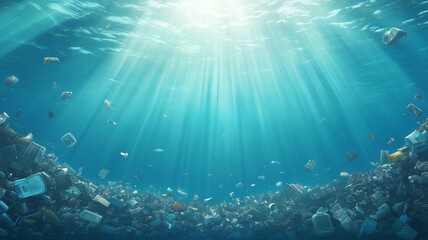 Fototapeta premium Large amount of plastic waste and debris accumulating on the ocean floor, with sun rays