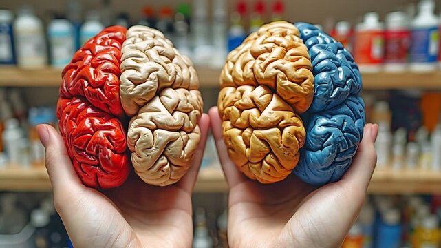 The creative background of the human brain exists. The left logical hemisphere and the right creative hemisphere in comparison 