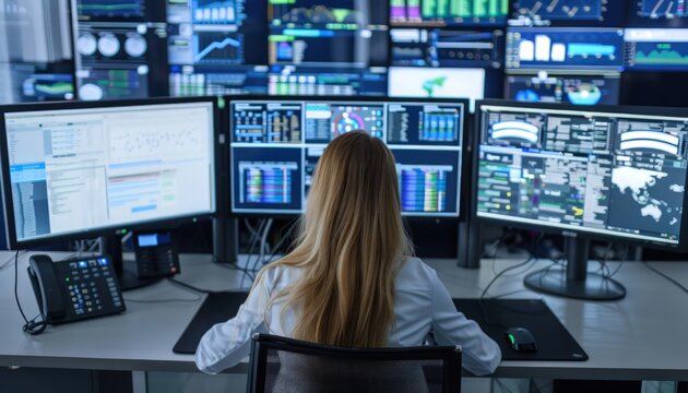 Digital forensic analysis conducted by a businesswoman in a secure data center.