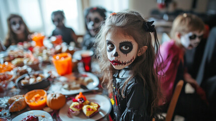 A spooky Halloween gathering captures the joy and excitement of children wearing creative face paint. The festive table is filled with treats and decorations for a fun celebration. AI