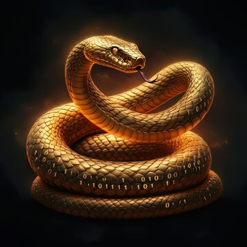 A golden snake intertwined with binary code, symbolizing Python programming and coding.