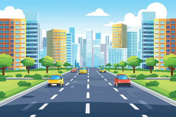 Naklejka premium road in front of multi-storey buildings with city landscape