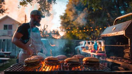 A man grilling delicious burgers outdoors during a warm sunset, capturing the essence of summer gatherings and barbecues.