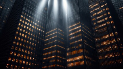 Dramatic view of skyscrapers illuminated by city lights, showcasing urban architecture and nighttime vibrancy.