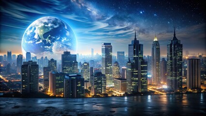 Obraz premium Cityscape transitioning from light to dark for Earth Hour concept, cityscape, transition, light, dark