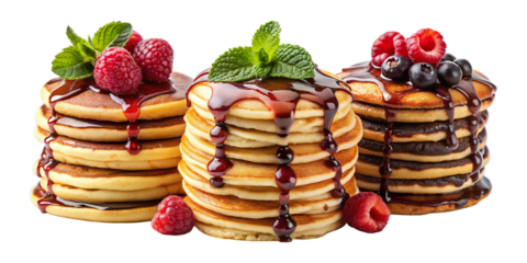 Collection of pancake stacks with different toppings (maple, raspberry, chocolate syrup) isolated on transparent background, food bundle