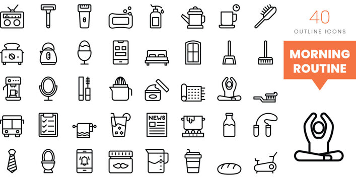 Set of minimalist linear morning routine icons. Vector illustration