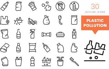 Set of minimalist linear plastic pollution icons. Vector illustration