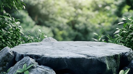 Obraz premium 3D Illustration of a Grey Rock Podium on a Rock Platform, Designed as a Product Display Stand with a Blurred Green Forest and Natural Scenery in the Background.