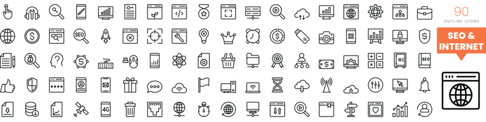 Set of minimalist linear seo and internet icons. Vector illustration