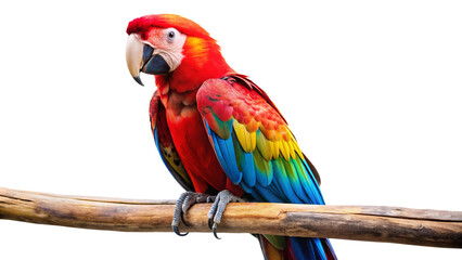 Red macaw parrot sitting on a branch isolated on transparent background