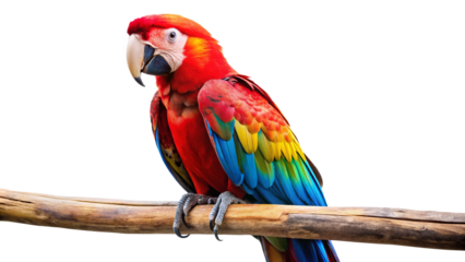 Red macaw parrot sitting on a branch isolated on transparent background
