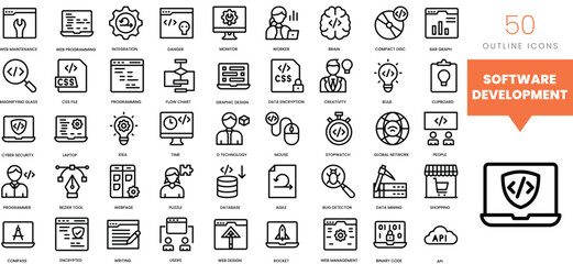 Set of minimalist linear software development icons. Vector illustration