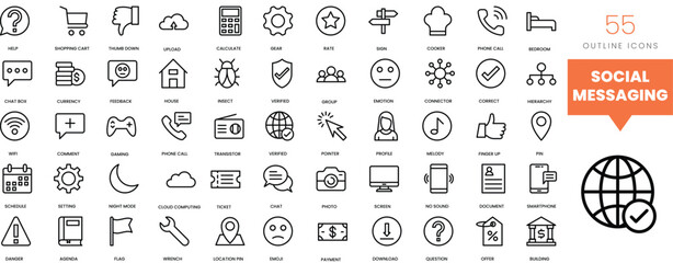 Set of minimalist linear social messaging and productivity icons. Vector illustration