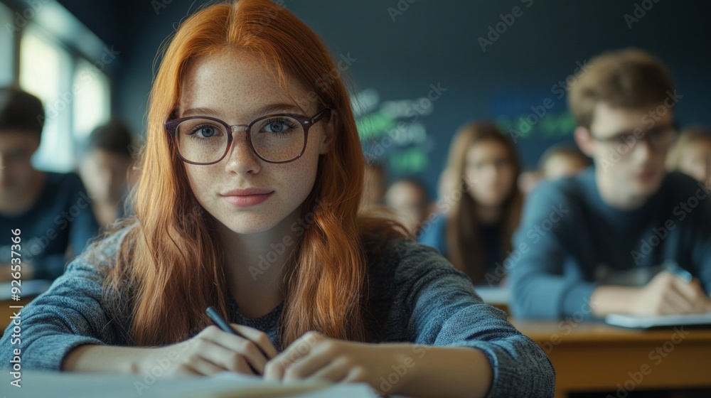 Poster A diligent student sits at her desk, deeply concentrated on her work while classmates write notes in the background, creating a lively atmosphere of learning